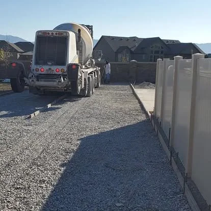 Concrete delivery and gravel base preparation for a side-yard RV pad or driveway extension.