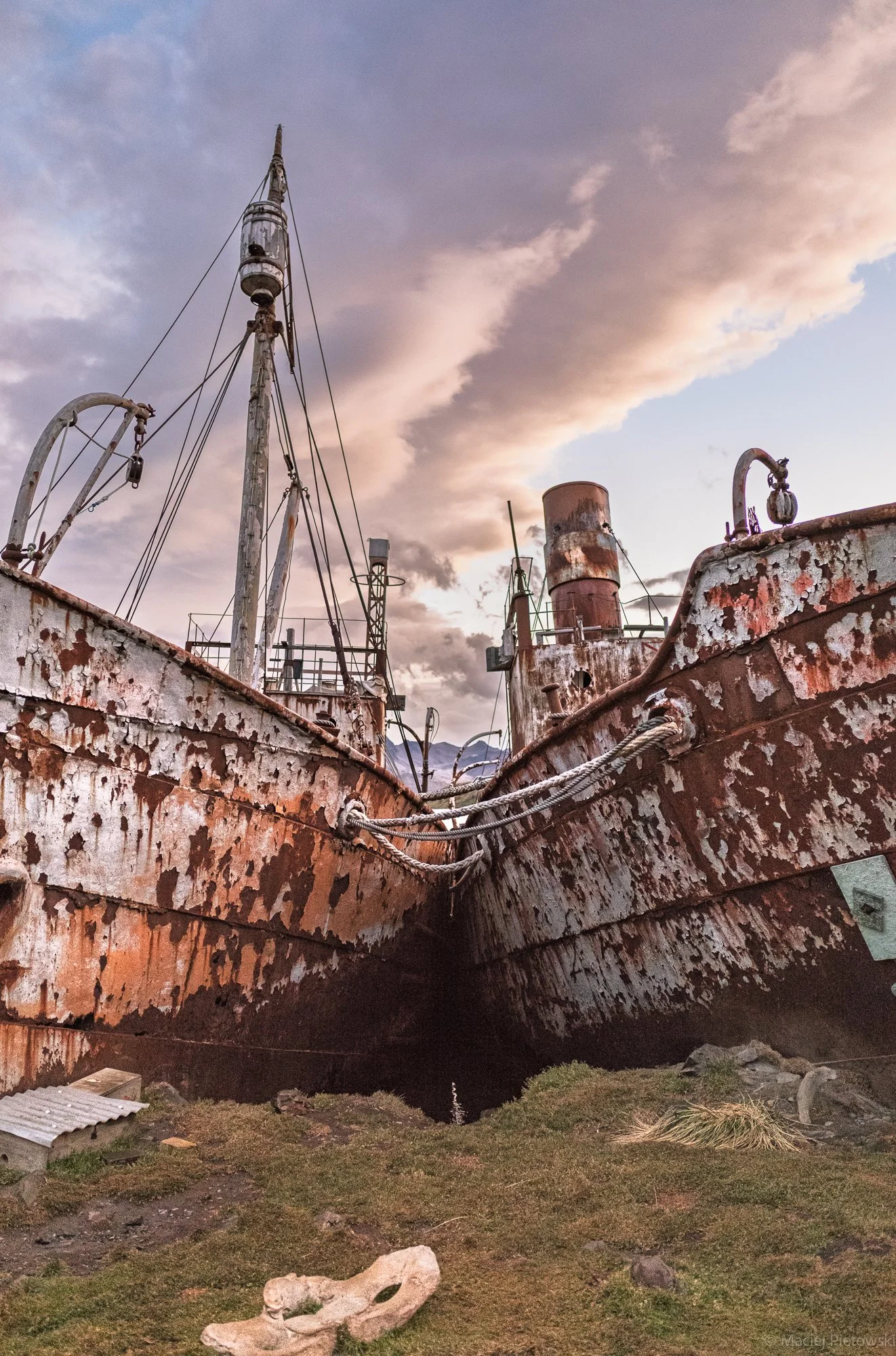 An abandoned, rusted shipwreck with peeling paint, resting on a grassy area with rocks and a skeleton in the foreground, under a sky with scattered clouds during sunset.