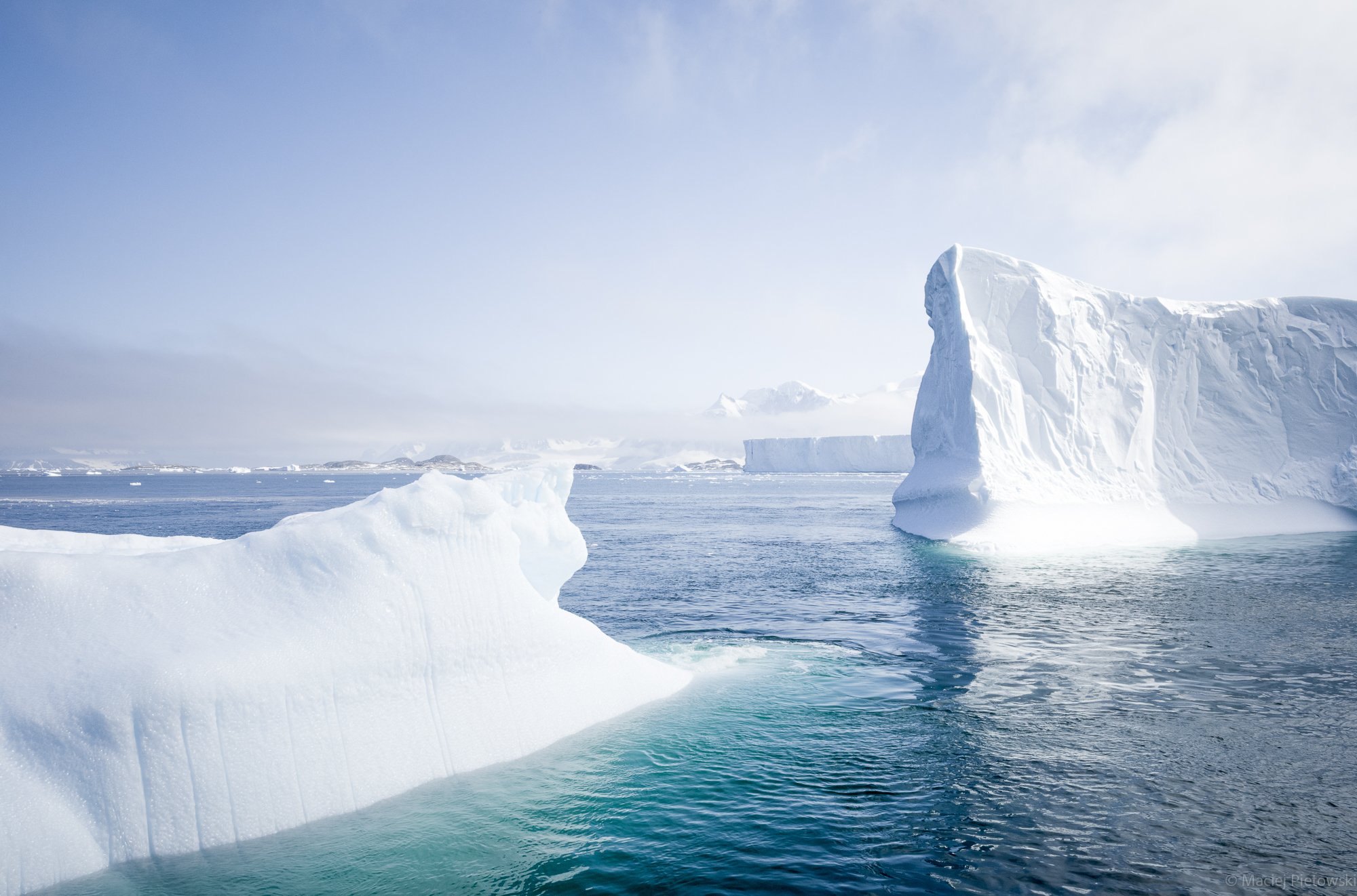 Icebergs floating in cold ocean waters with a clear sky and snow-covered mountains or ice formations in the background.