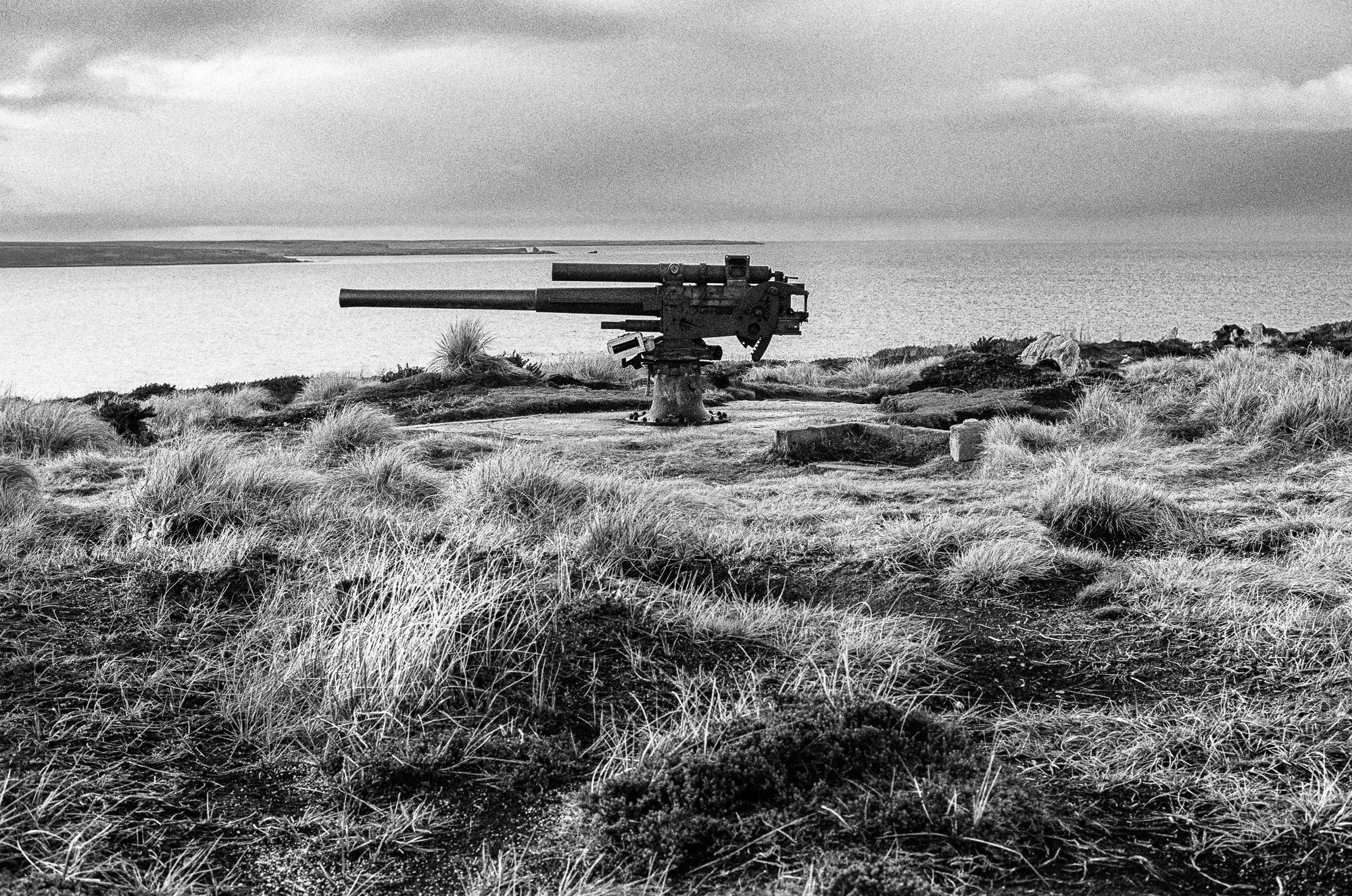 A black and white photo of a coastal landscape with tall grass in the foreground, a body of water in the middle ground, and overcast sky with clouds in the background. There is a large mounted artillery gun on a platform facing towards the water.