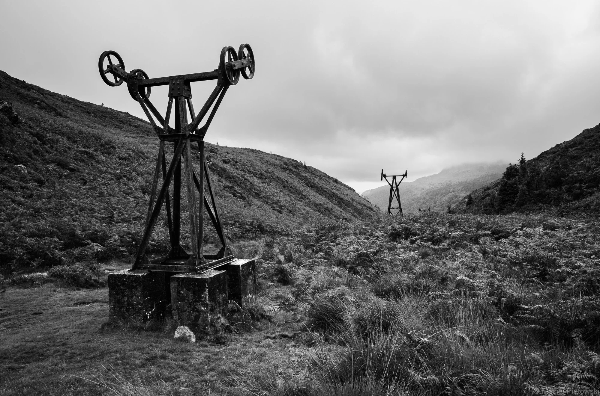 Old aerial ropeway pylons from the historic Sygun Copper Mine in Cwm Bychan near Beddgelert, Summer 2023