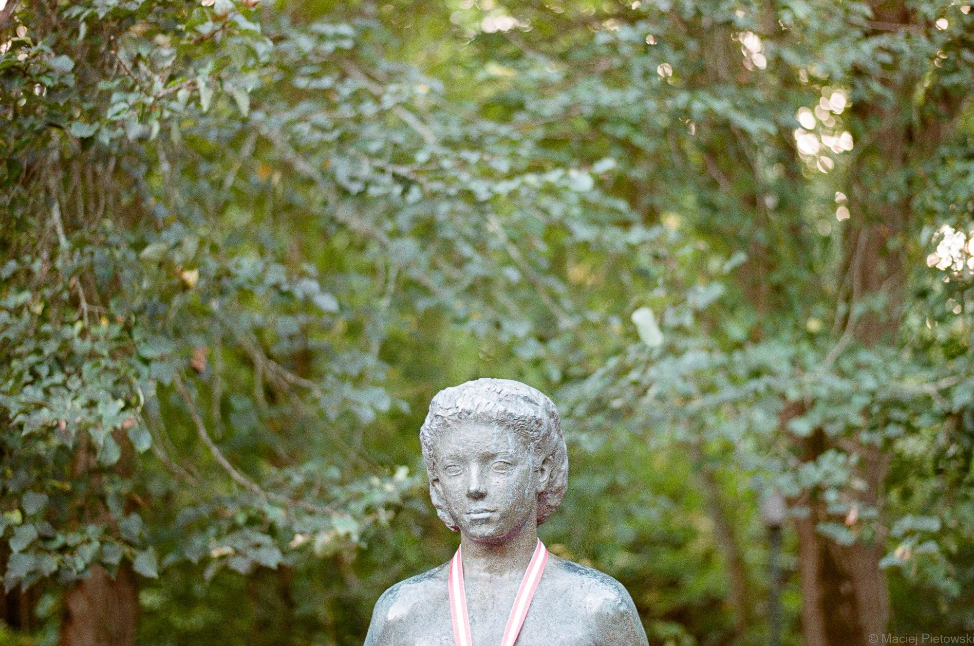 A stone bust of a person's head and shoulders outdoors amidst green bushes and trees.