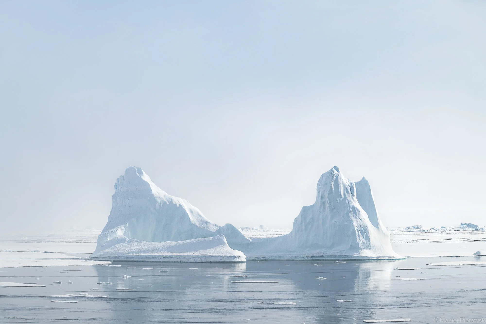 Large icebergs floating in icy water with a snowy landscape and mountain peaks in the background under a pale, cloudy sky.