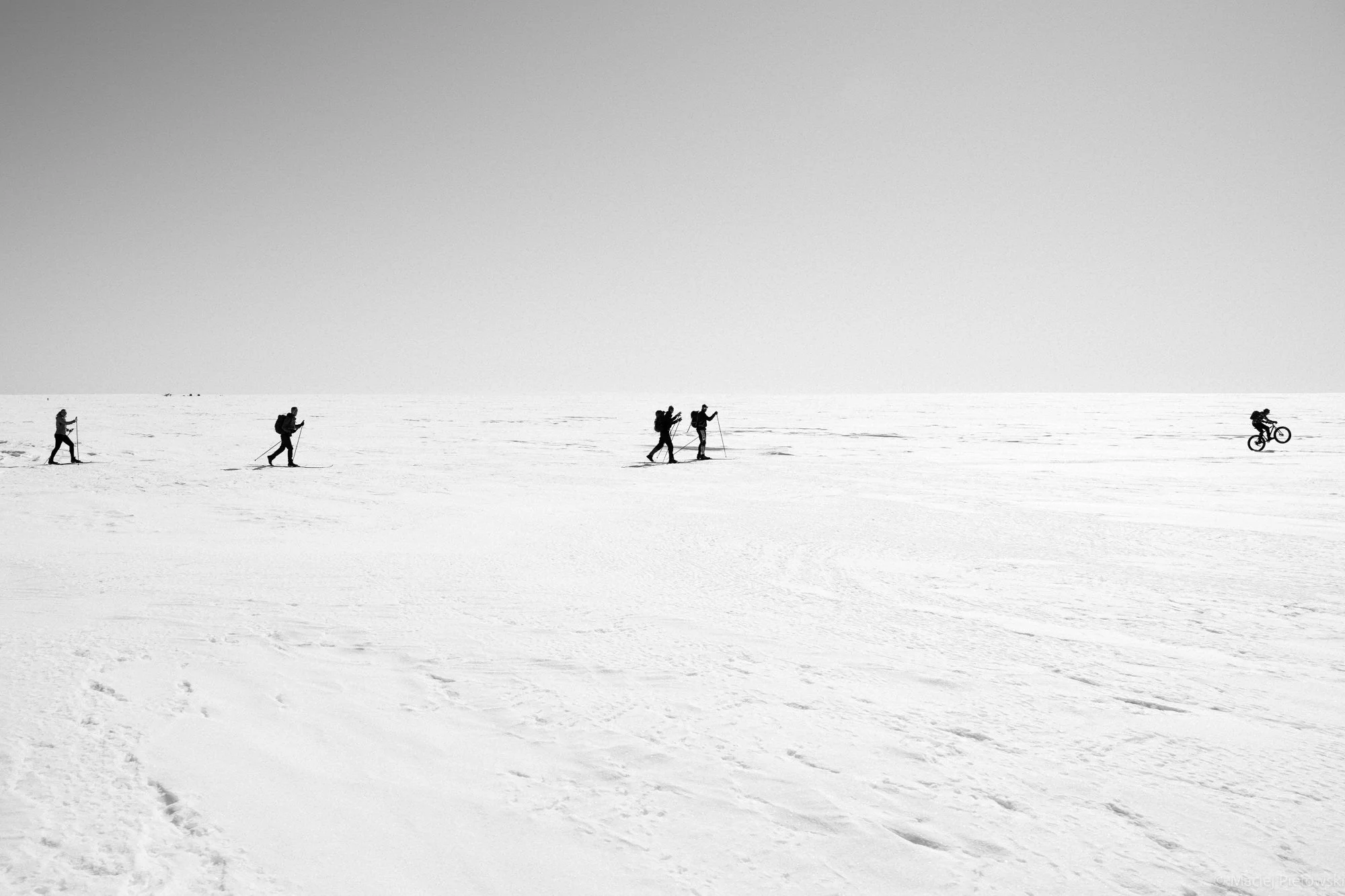 Silhouettes of five people walking and riding bikes on a vast snow-covered landscape with no visible background.