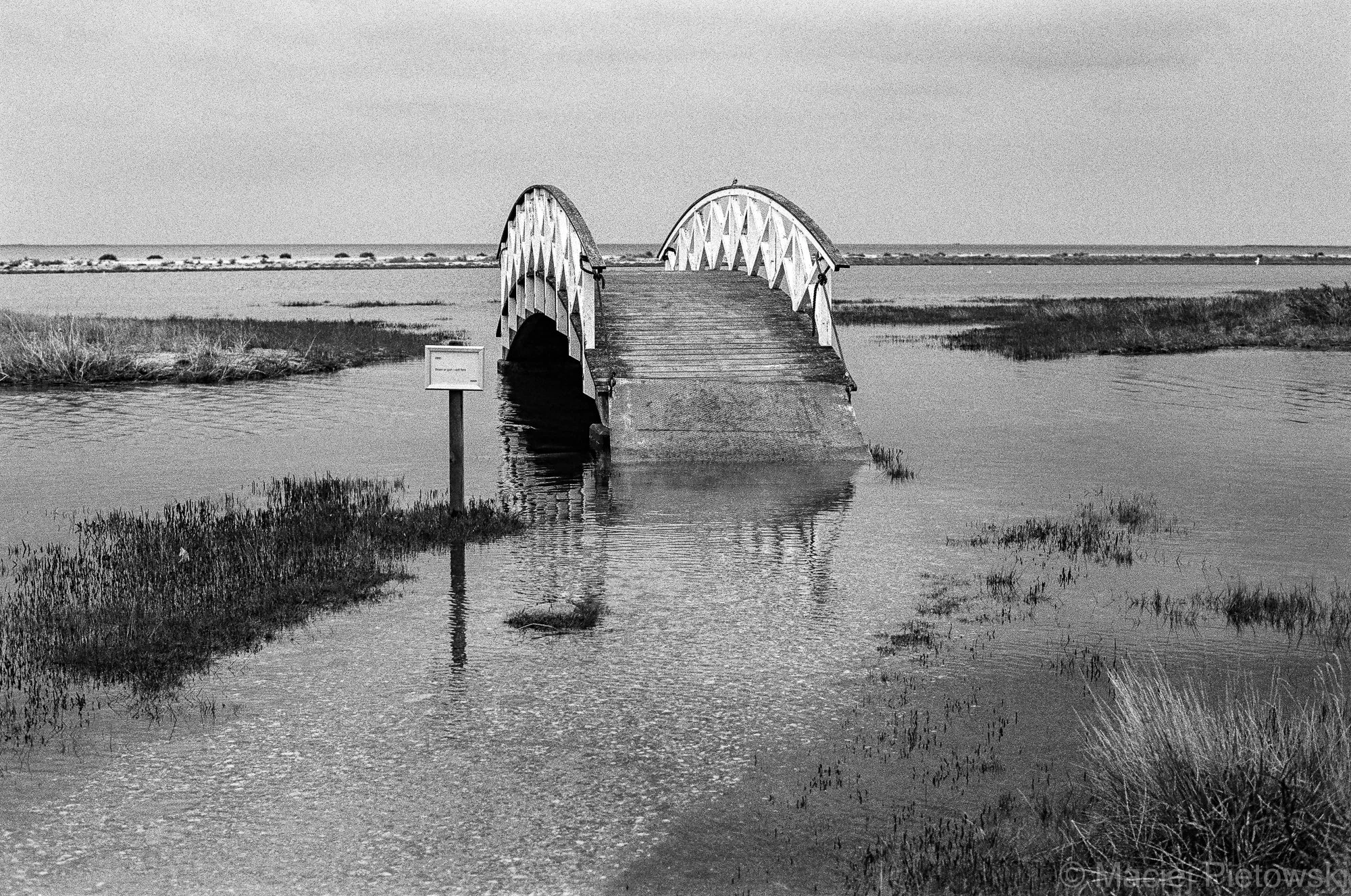 A black-and-white photo of a small wooden bridge connecting land over water, surrounded by marsh grass, with a distant flat shoreline in the background and a partly cloudy sky.