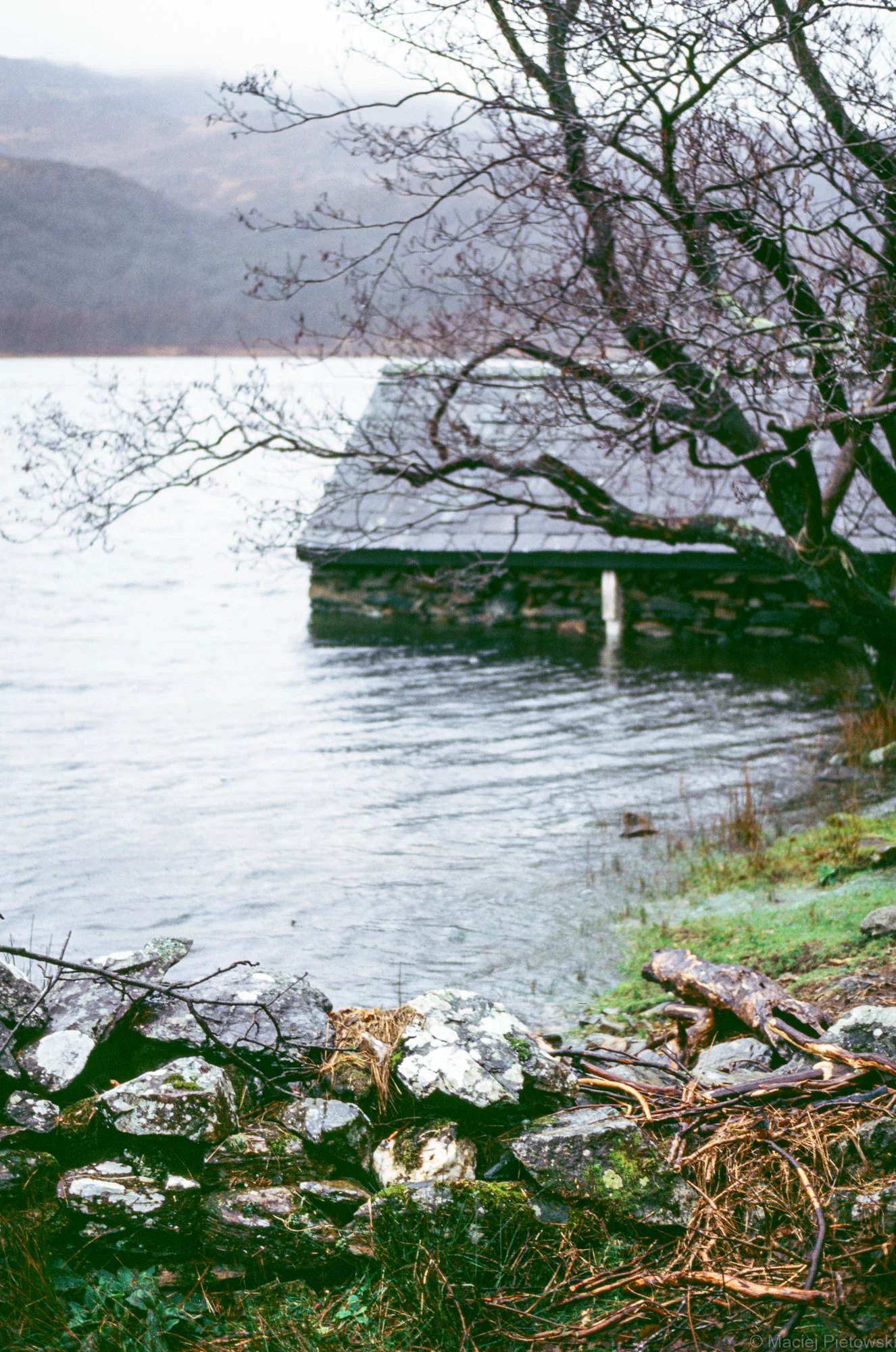 A lakeside scene with a small pavilion, where a wooden cabin with a stone foundation is situated. There are leafless trees and branches overhanging the water, along with rocks and grass along the shoreline. In the background, there are mountains and 