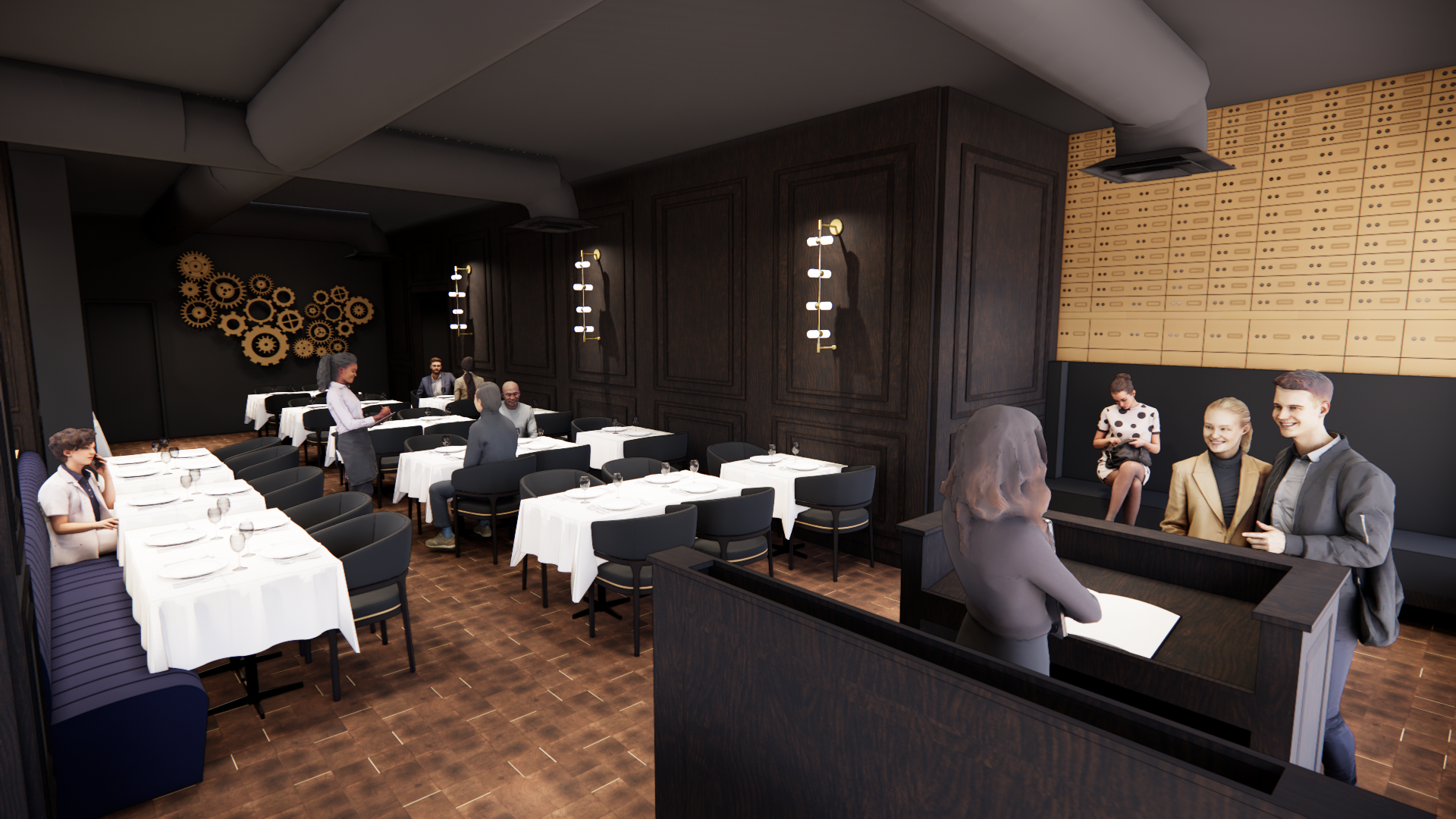 Interior of a restaurant with tables set for dining, dark wooden wall paneling, and modern wall lights