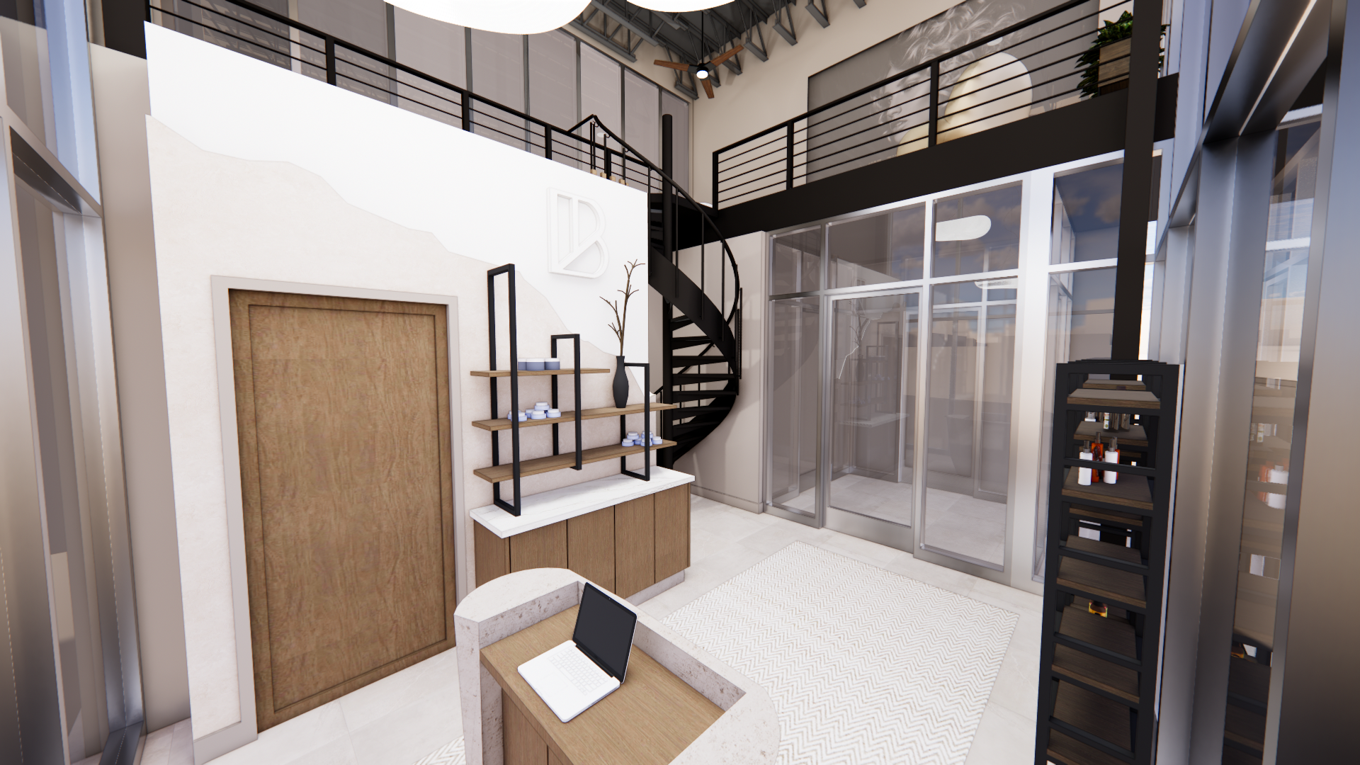 Modern interior med spa reception area with large glass windows, a white and brown reception desk, a black spiral staircase, and decorative shelves