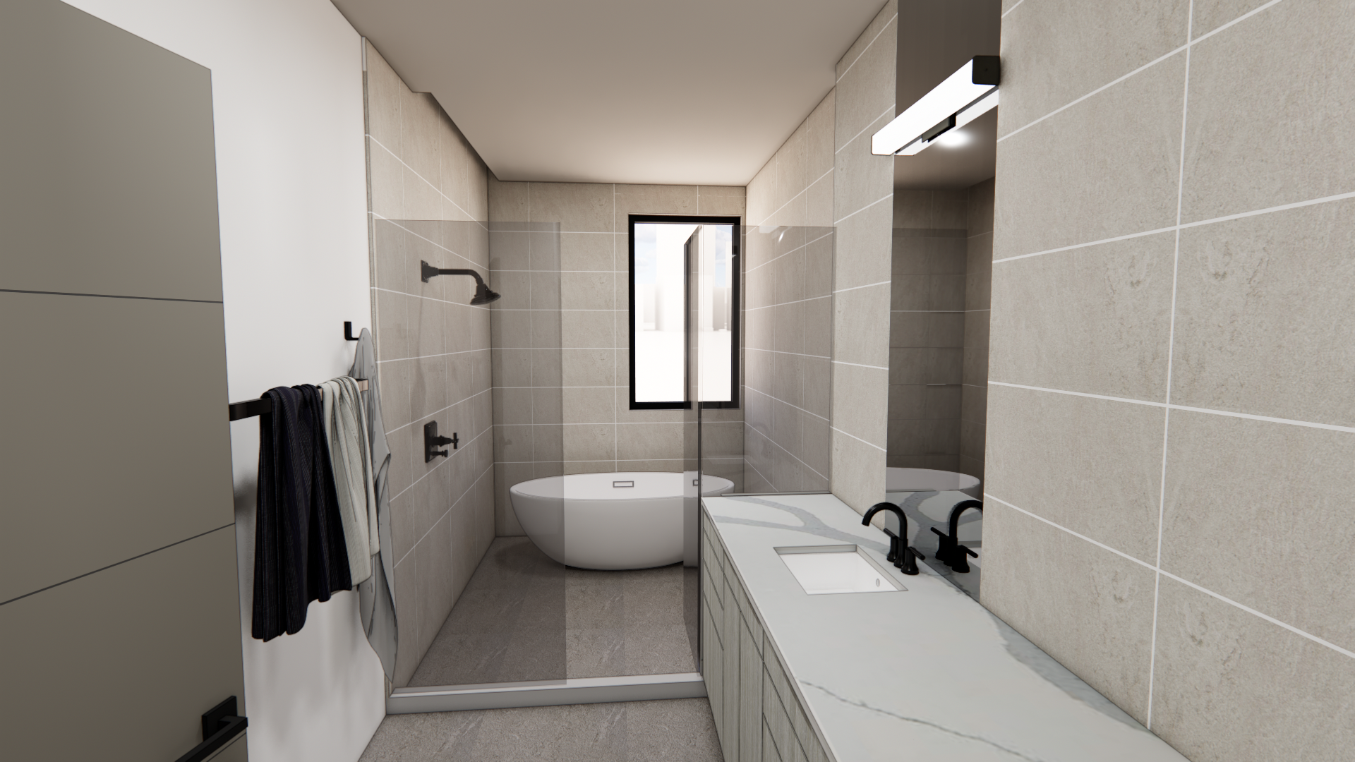 Coeur d’Alene modern minimalist bathroom with large-format neutral tiles, a glass walk-in shower, freestanding tub beneath a window, and a sleek vanity with matte black fixtures and a marble countertop.