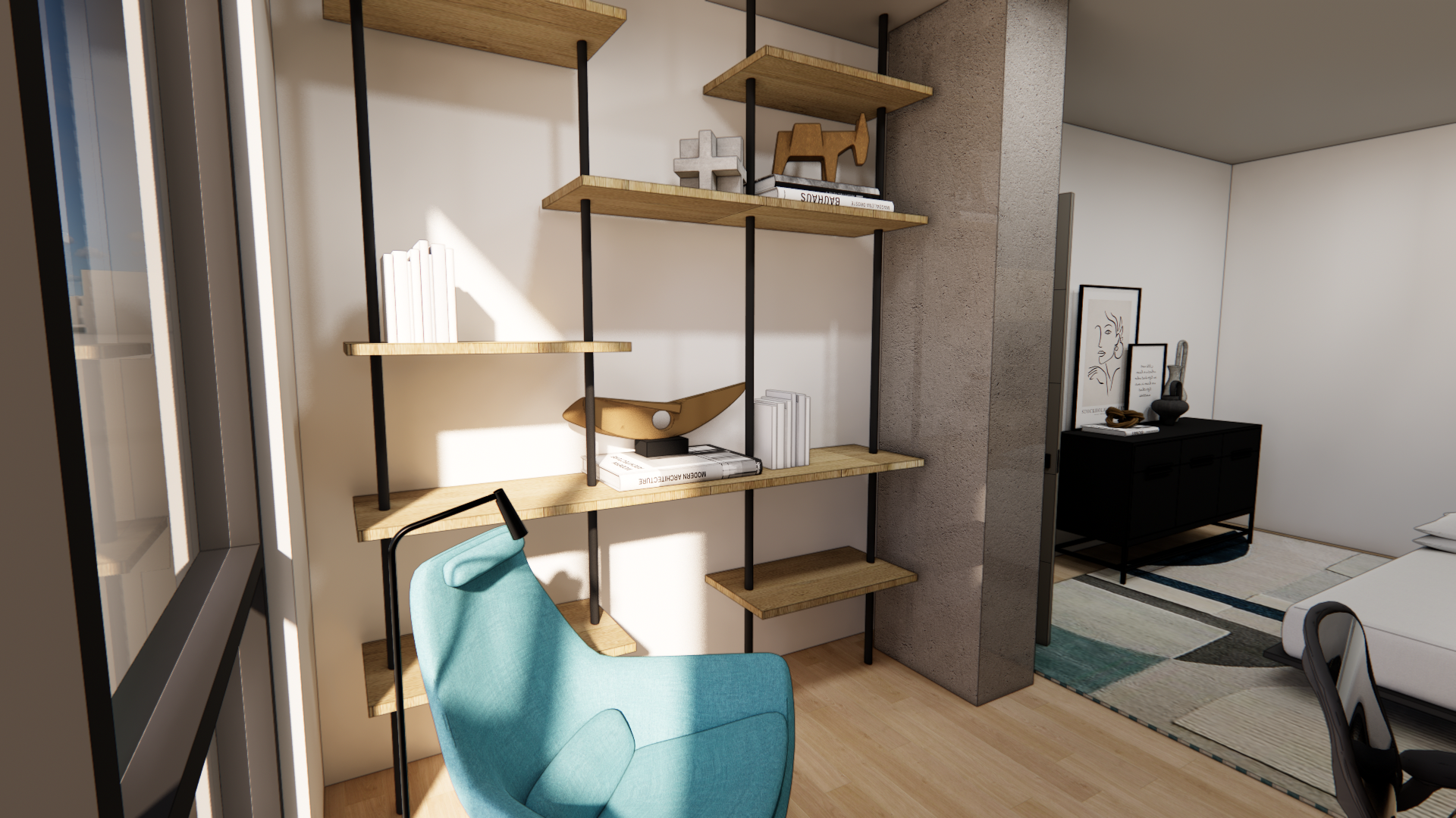 Coeur d’Alene modern interior with wooden and black metal floating shelves, a light blue armchair, and a black sideboard with framed art and decorative objects in the background.