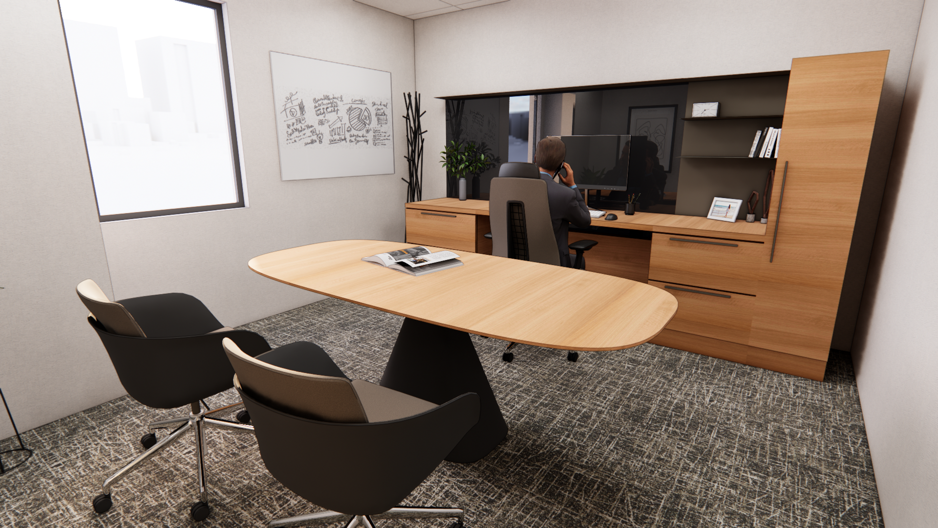 Modern office with large window, a whiteboard on the wall, and an oval conference table with chairs.