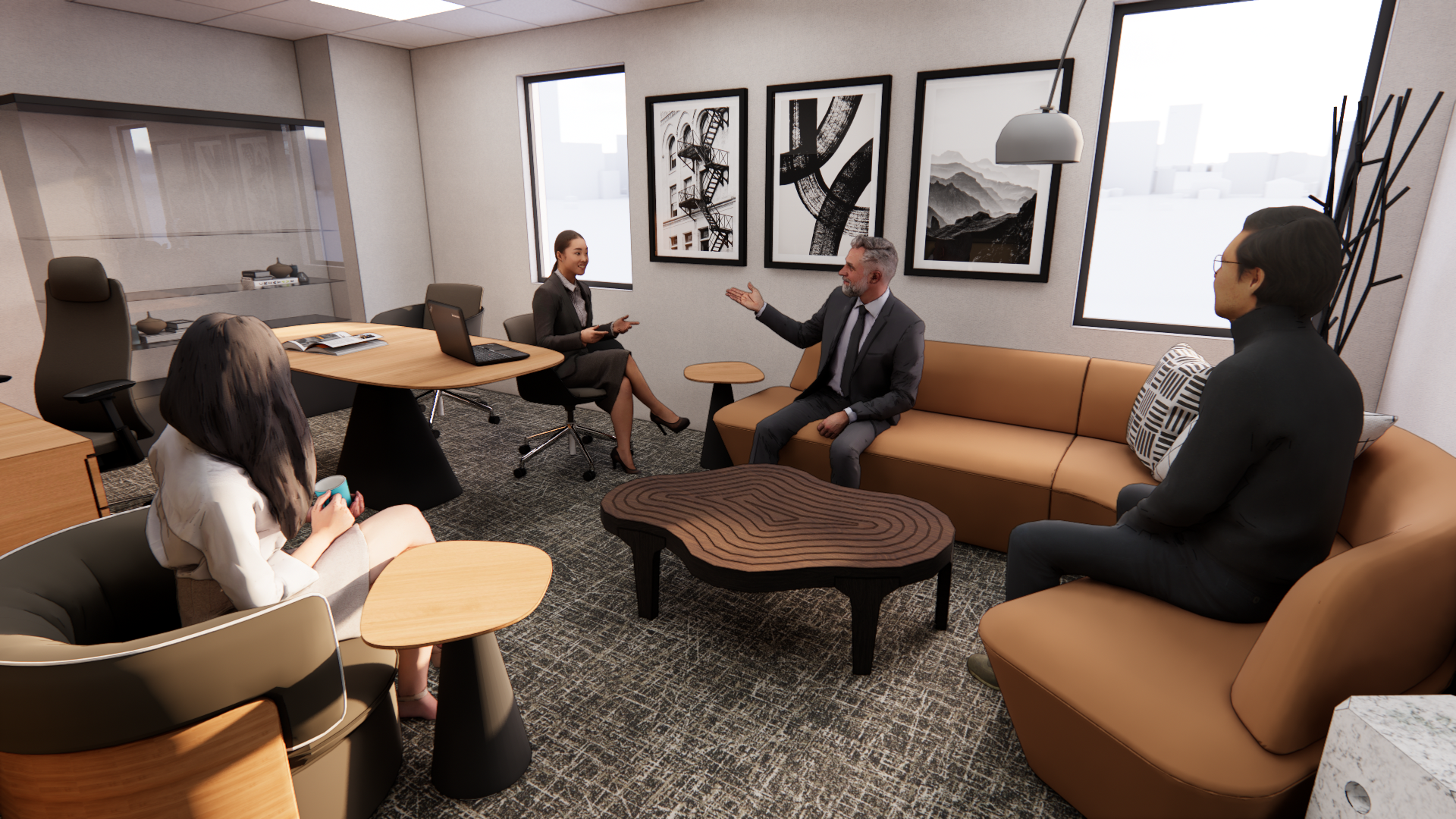 A meeting room with large windows, modern furniture, and black and white artwork on the walls.