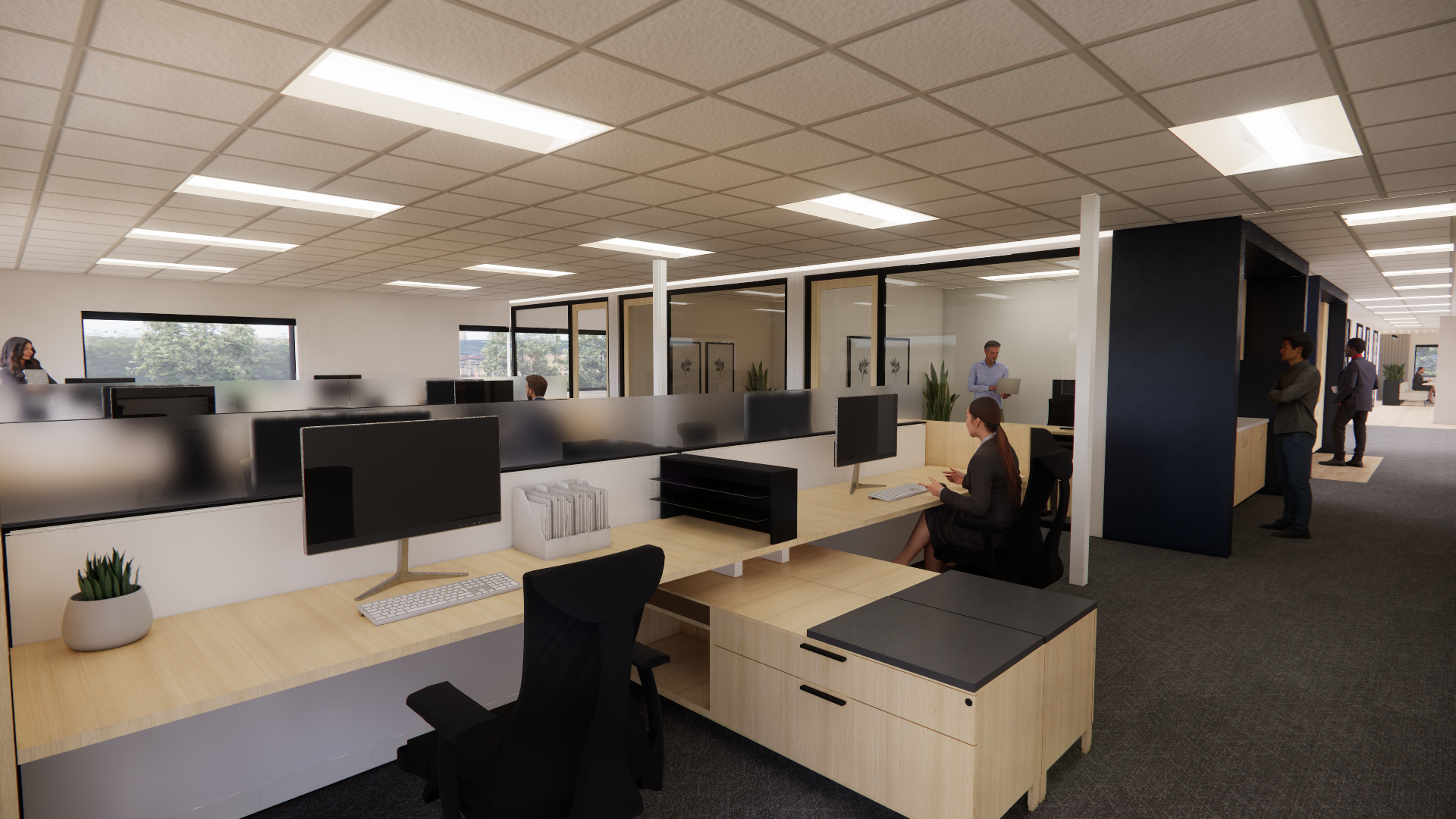 Office area featuring separate desks and monitors