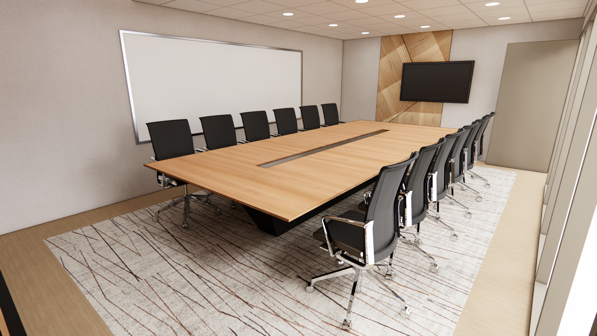 A modern conference room with a large wooden table surrounded by black office chairs, a whiteboard on the wall, a flat-screen TV on a textured wooden accent wall, and a patterned area rug beneath the table.