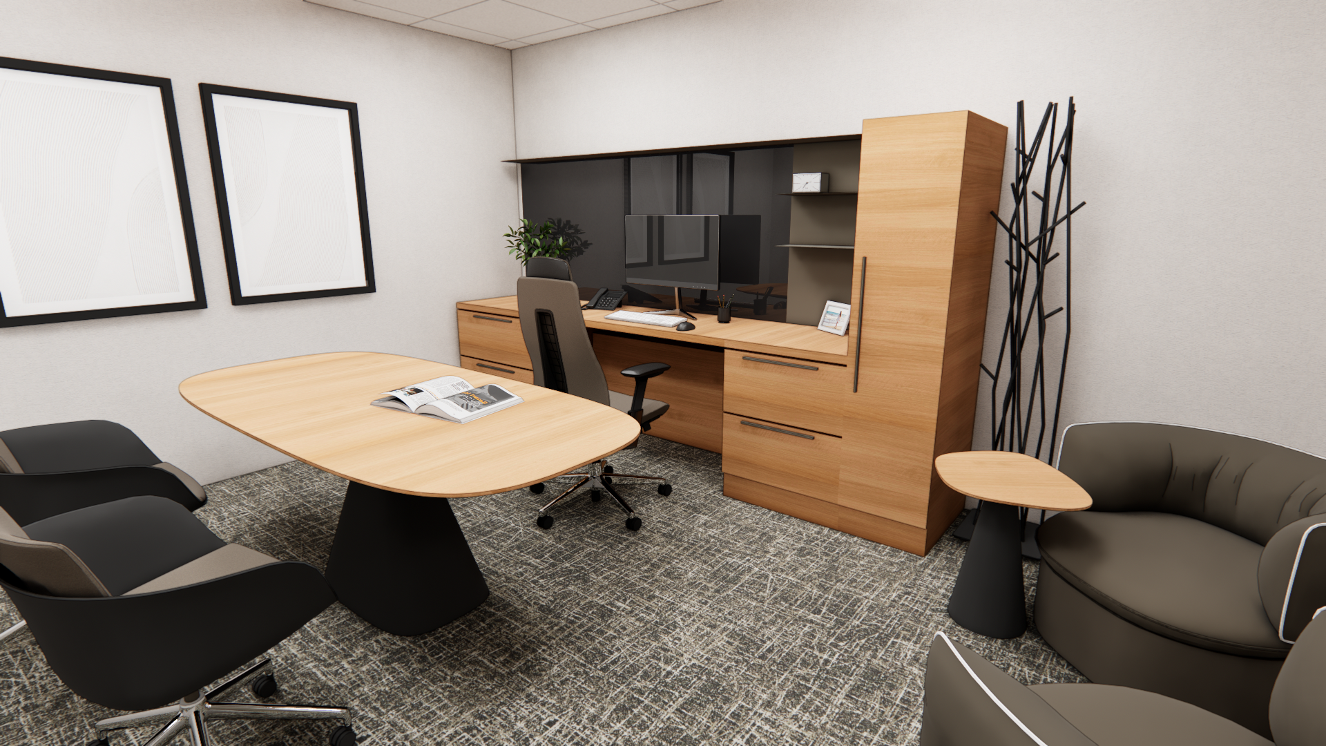 An office meeting room with a wooden table, black chairs, a gray armchair, and a wooden cabinet
