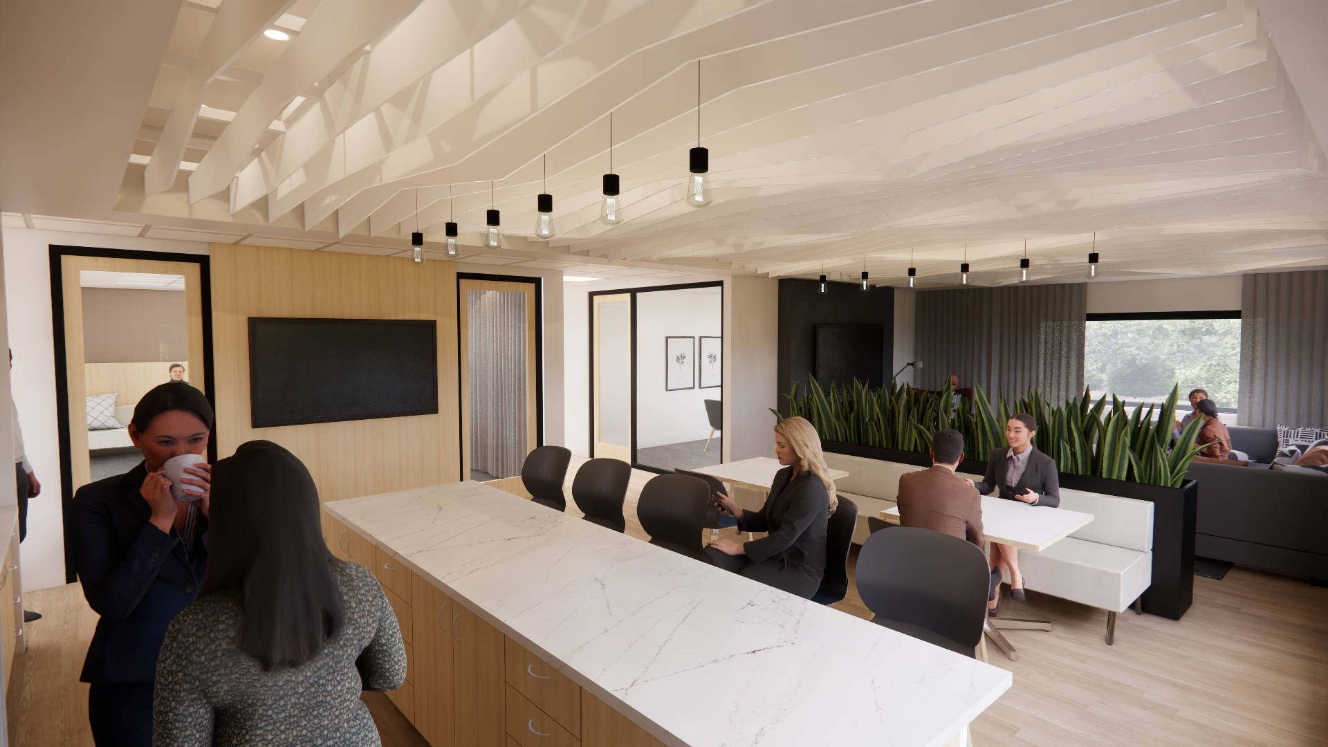 Office kitchen and living room with a large planter separating the two