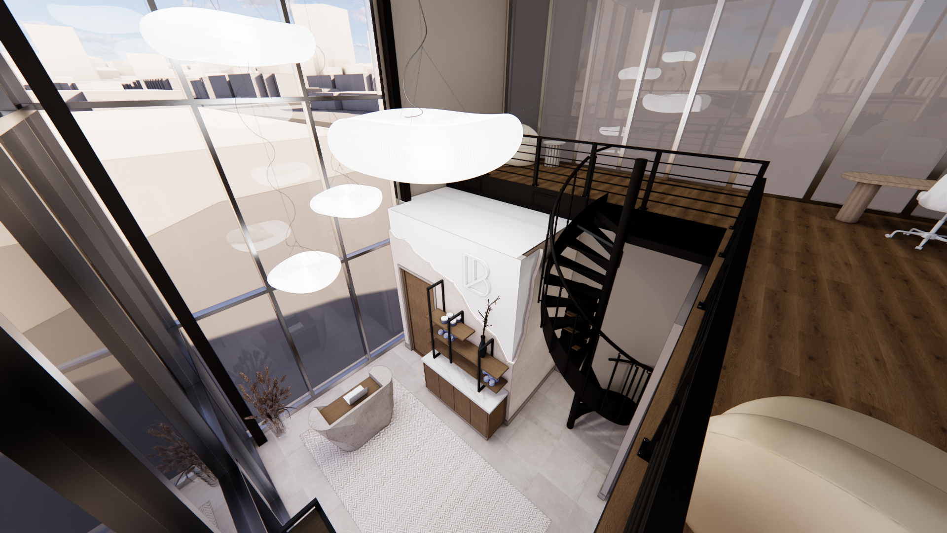 Med spa space with large windows, wooden flooring, white walls, and a staircase with black railing
