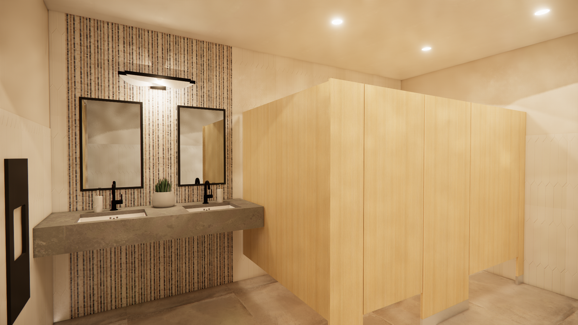 Office bathroom with stone sink, large square mirrors, and light wood stalls