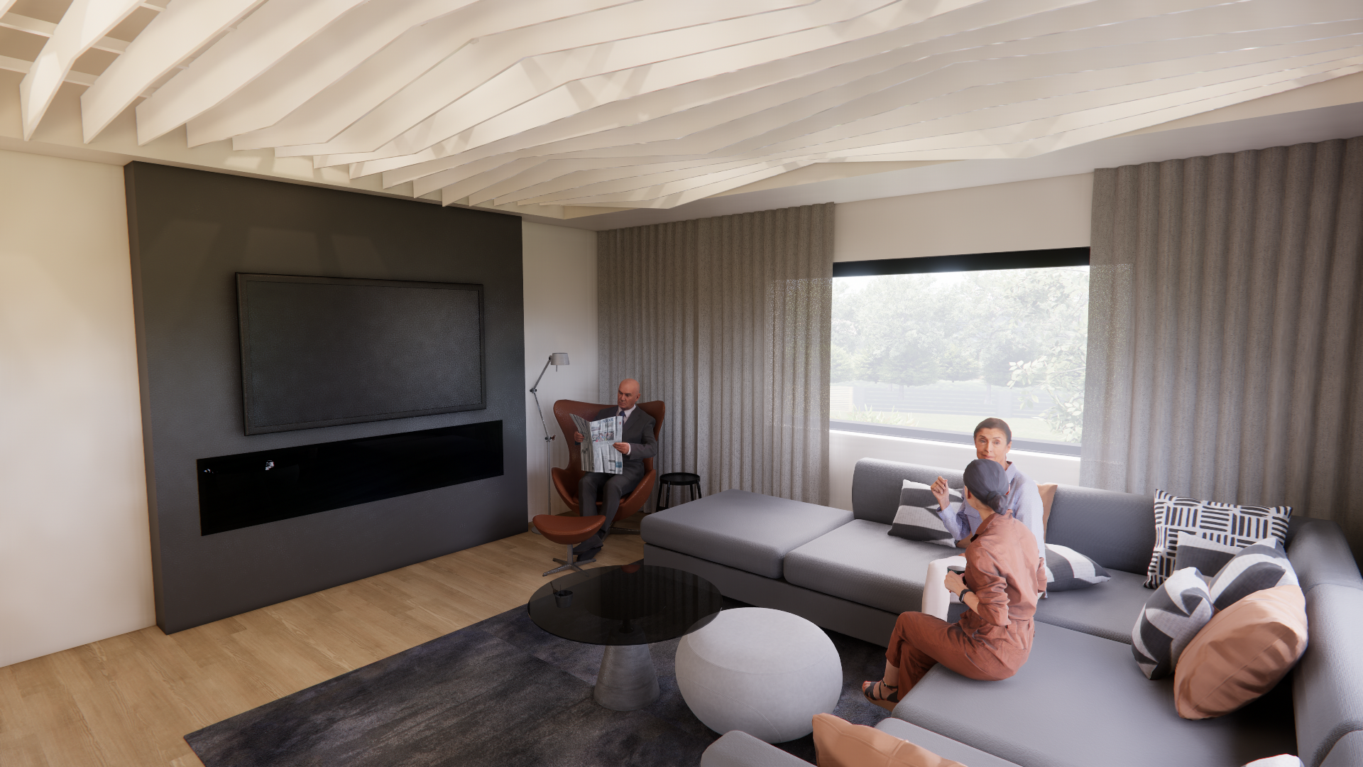 Office living room seating area with large grey couches and a fire place