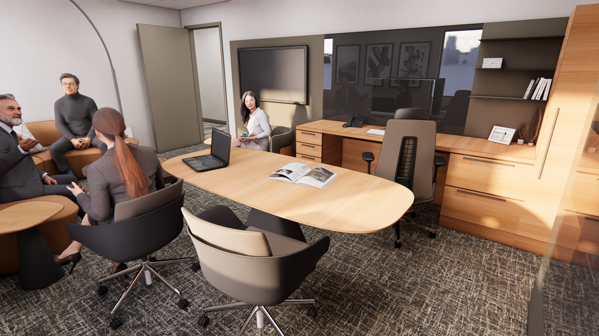 A modern office meeting room with four people sitting around a table