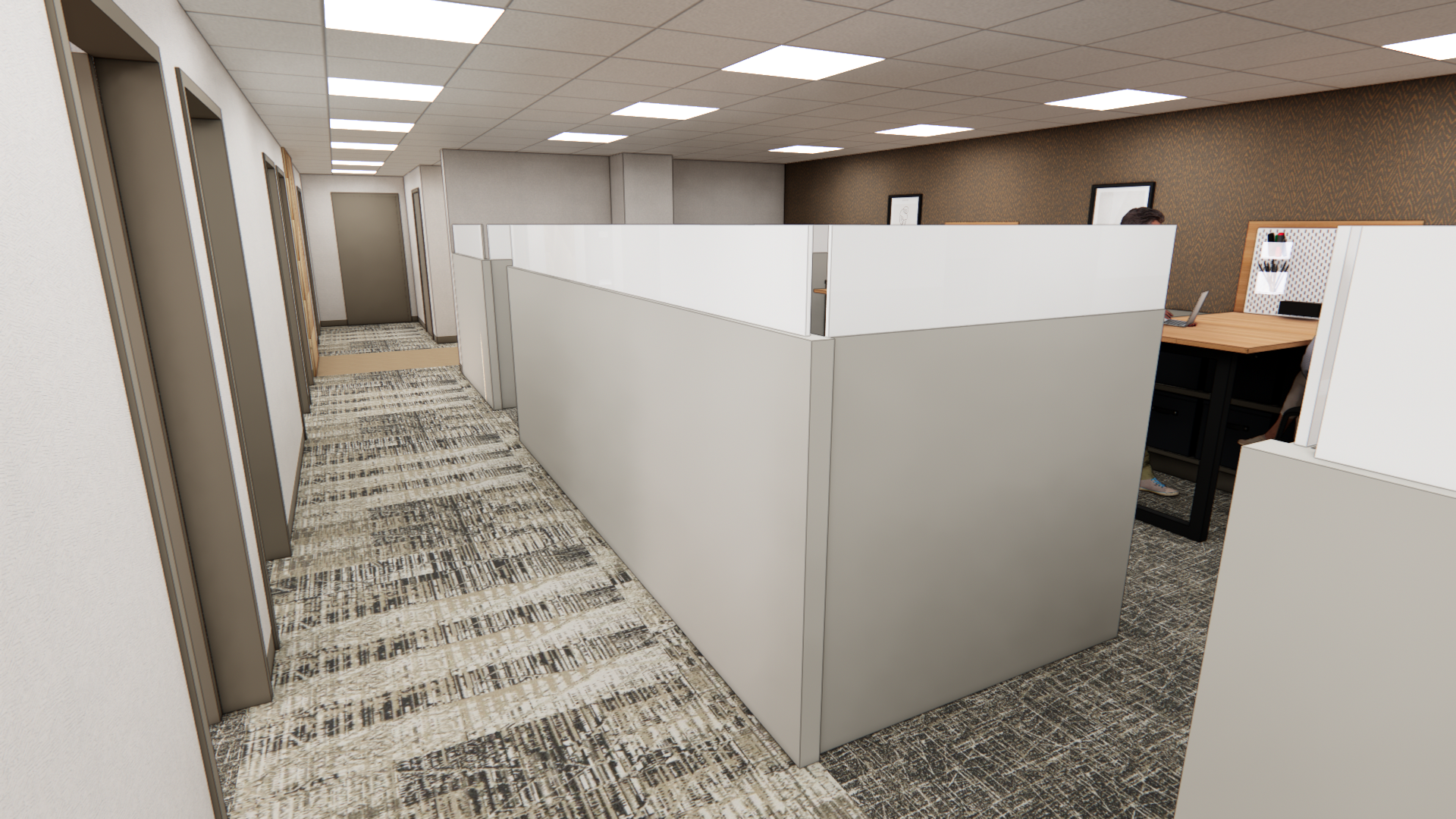 An office space with cubicles, showing a hallway with multiple doors on the left and individual workspaces on the right