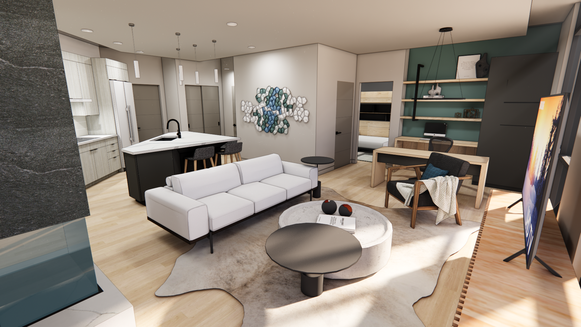 Coeur d’Alene modern open-plan living space with a neutral palette: a white sofa and round coffee tables. Behind, a sleek kitchen features a black island with bar stools, pendant lighting, and light wood cabinetry.