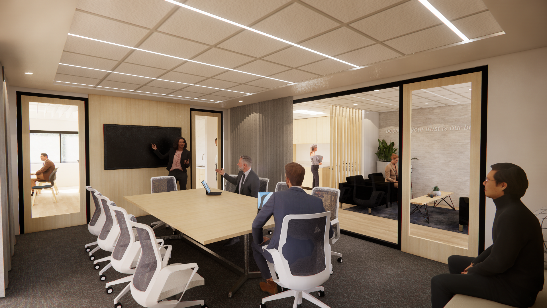 Office conference room with a large tv monitor