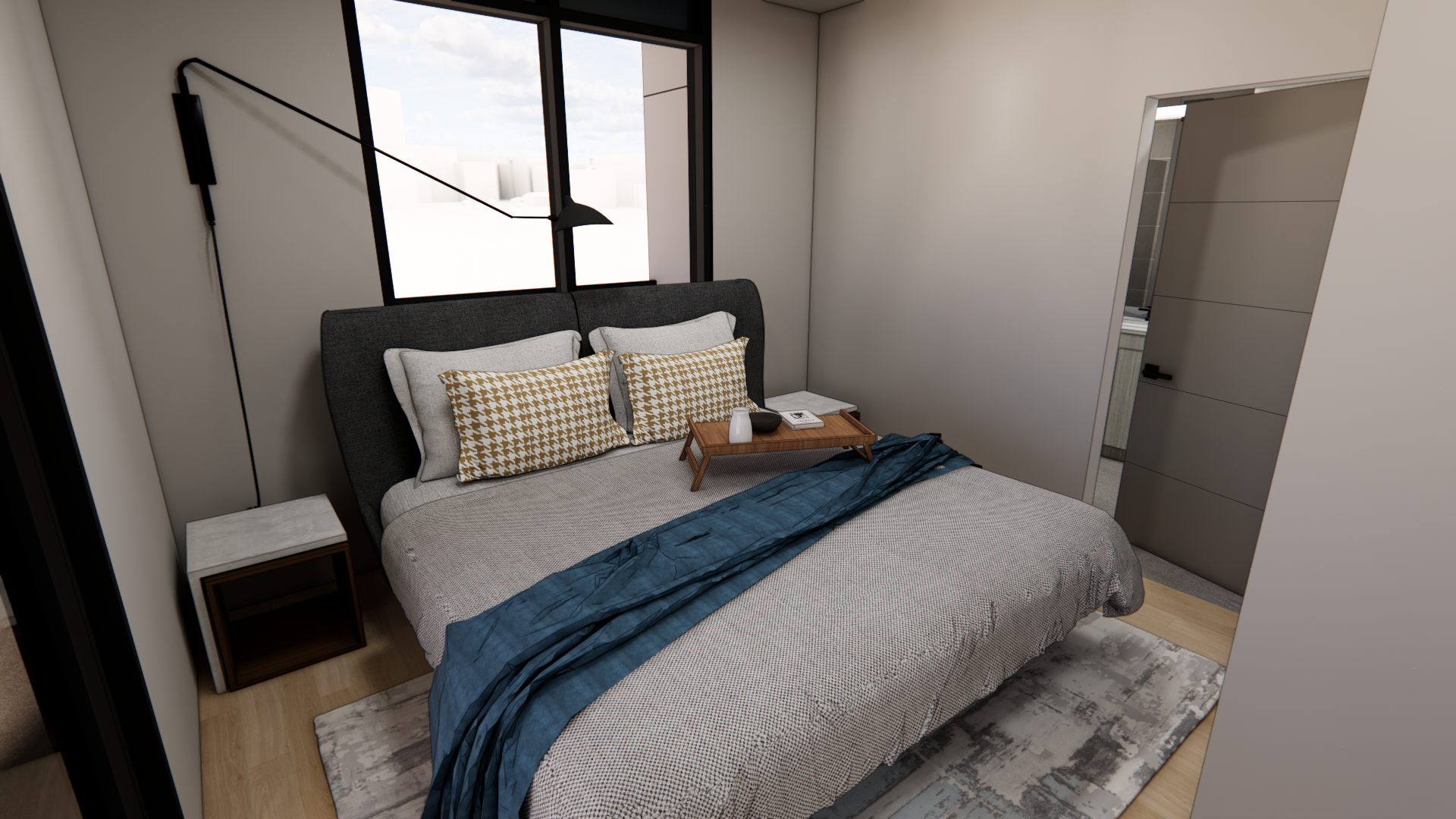 Coeur d’Alene modern minimalist bedroom with neutral tones, featuring a low-profile bed styled with layered textile