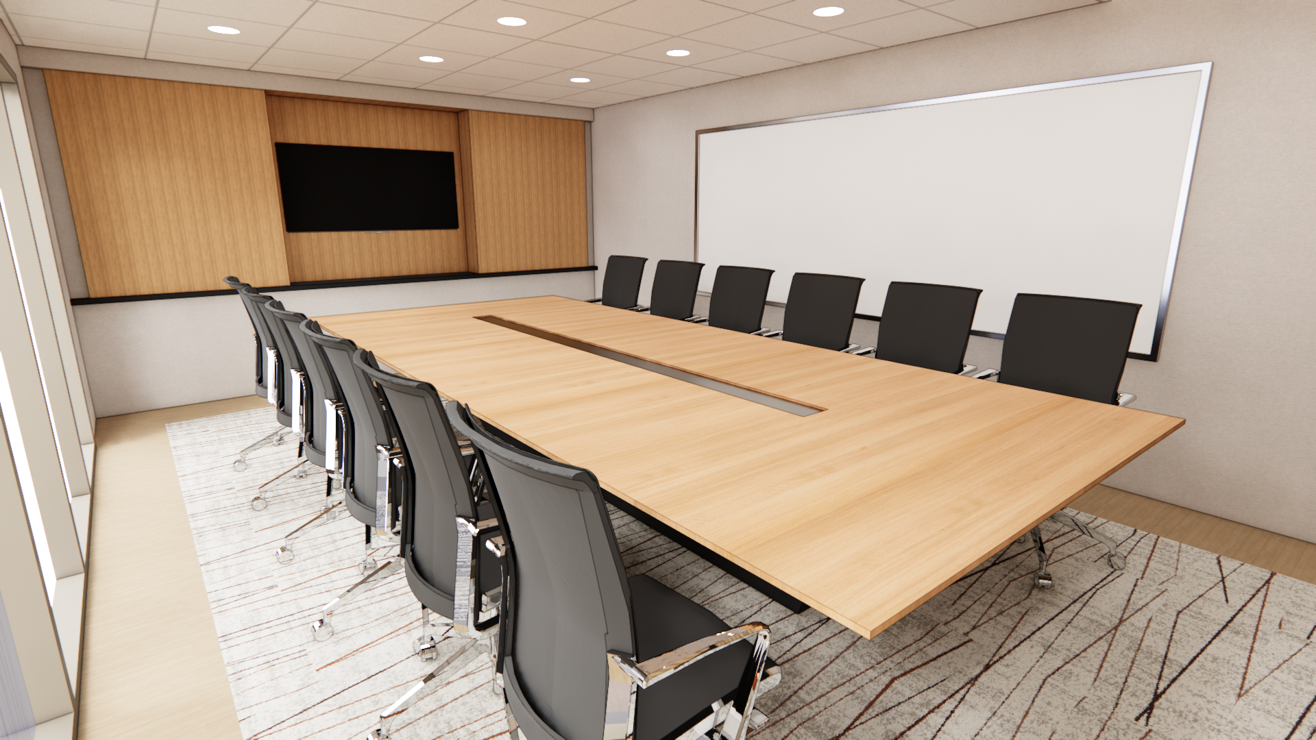A modern conference room with a large wooden table surrounded by black office chairs, a whiteboard on the wall, a flat-screen TV on a textured wooden accent wall, and a patterned area rug beneath the table.
