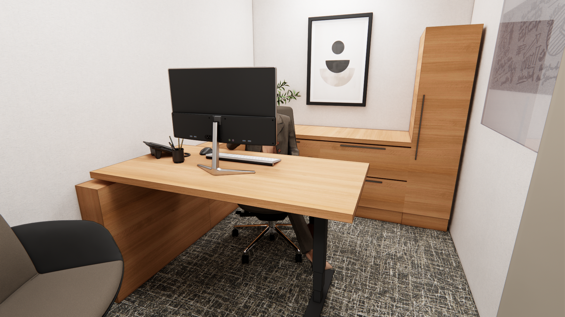 An office with a wooden desk, a black office chair, a computer monitor