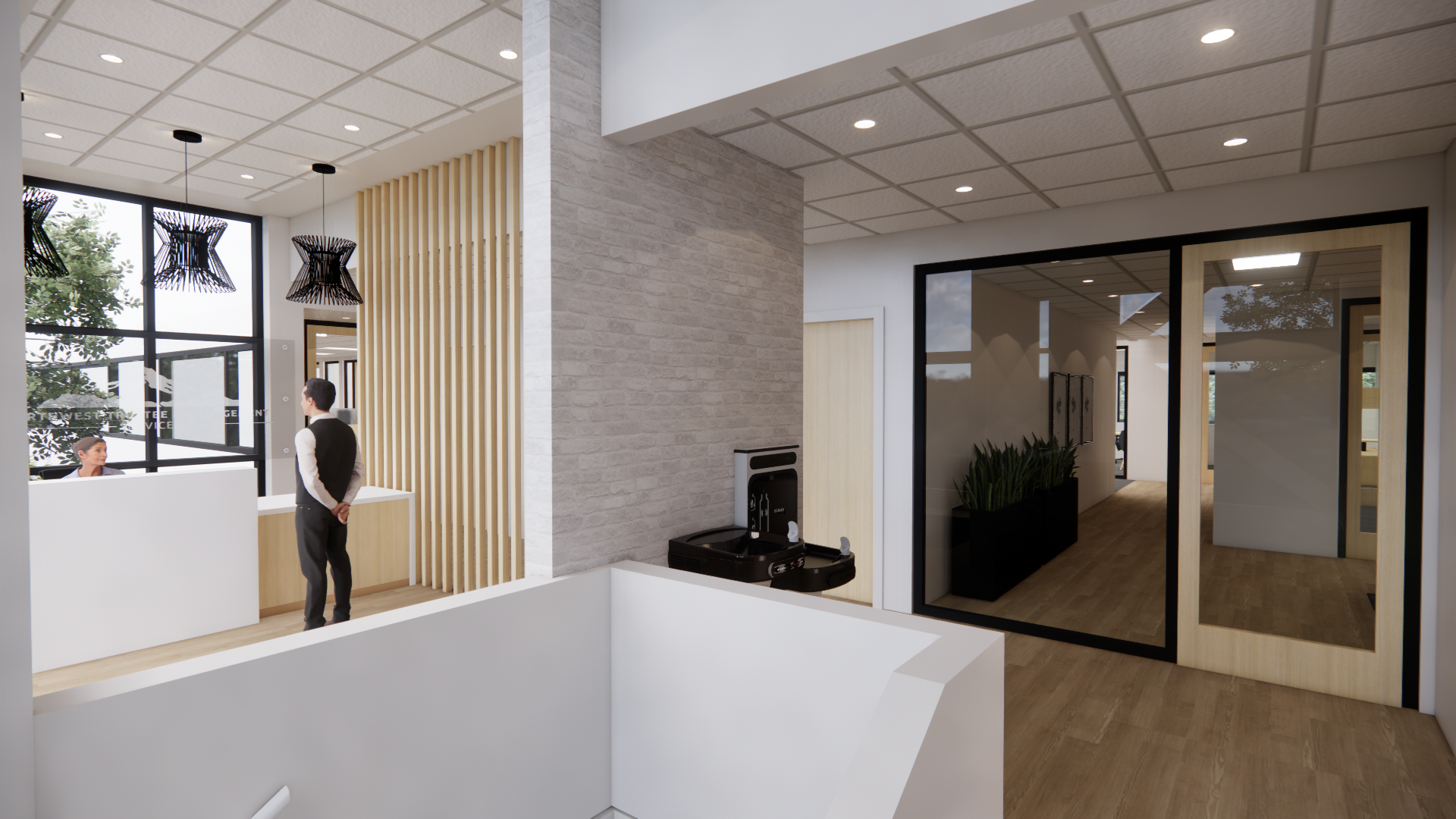 Modern office reception area with a front desk, a person standing nearby, wood accents, pendant lights, and a hallway with glass doors leading to offices.