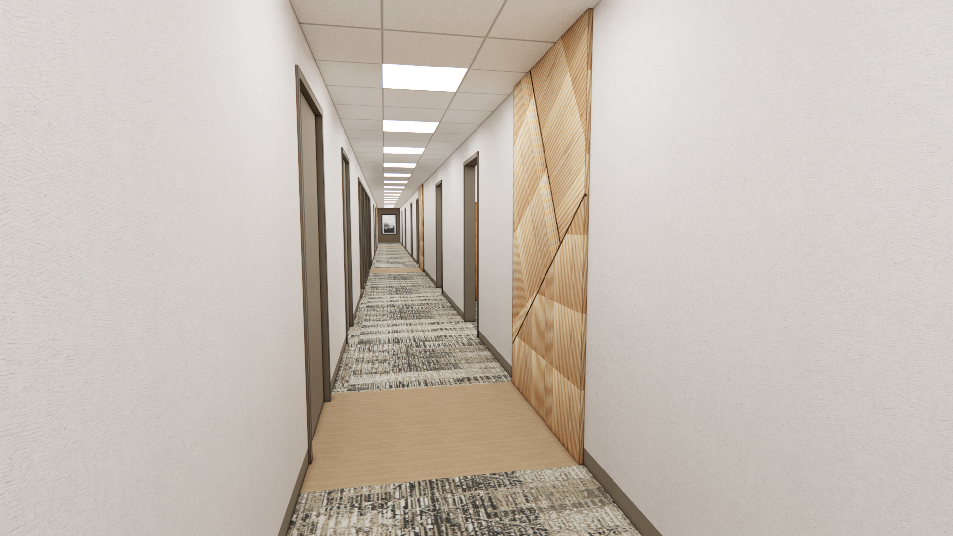 Long corridor with multiple doors, beige carpet with abstract pattern, white walls, and wooden wall paneling on the right, with ceiling lights.