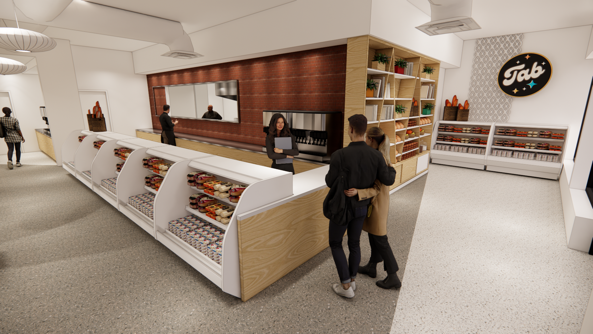 Interior of a modern grocery or convenience store with a checkout counter and fully stocked shelves