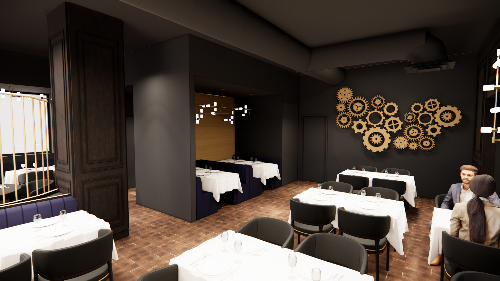 Interior of a restaurant with white tablecloths, black chairs, and modern lighting fixtures, including a wall decoration of interlocking gears.