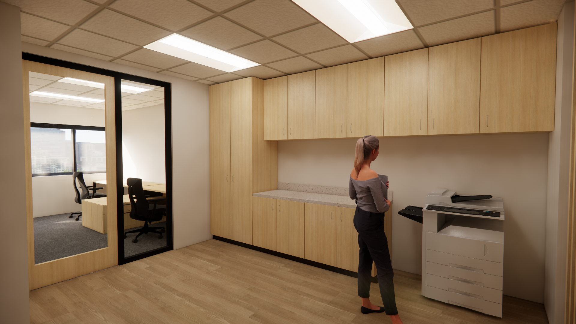 Office copy room with custom light wood cabinets