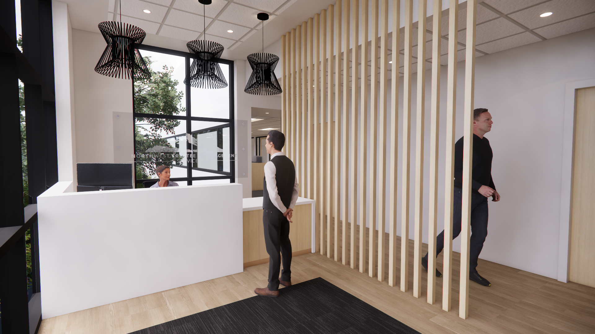 Modern office reception area with a front desk, a person standing nearby, wood accents, pendant lights, and a hallway with glass doors leading to offices.