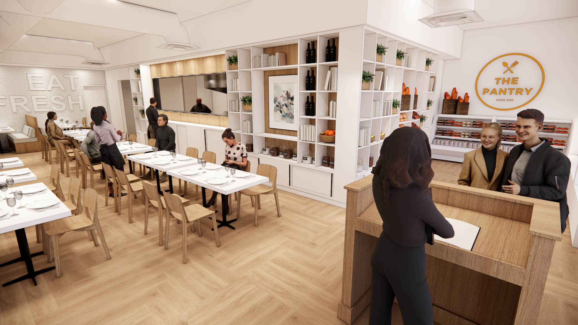 Interior of resturant with wooden host stand, rows of square tables with wooden chair, and large display shelving