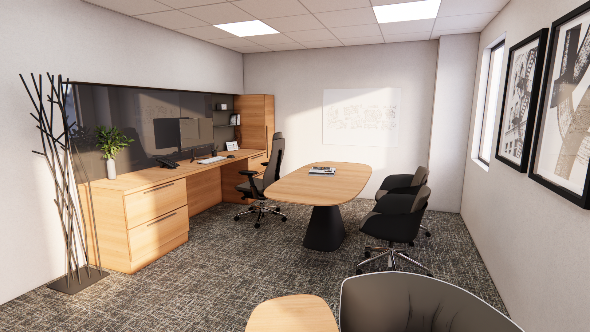 A modern conference room with a large wooden table surrounded by black office chairs, a whiteboard on the wall, a flat-screen TV on a textured wooden accent wall, and patterned carpet