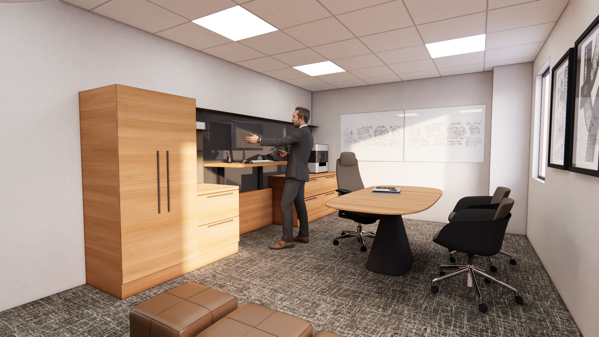 Office with large monitors and custom wood desk and cabinetry