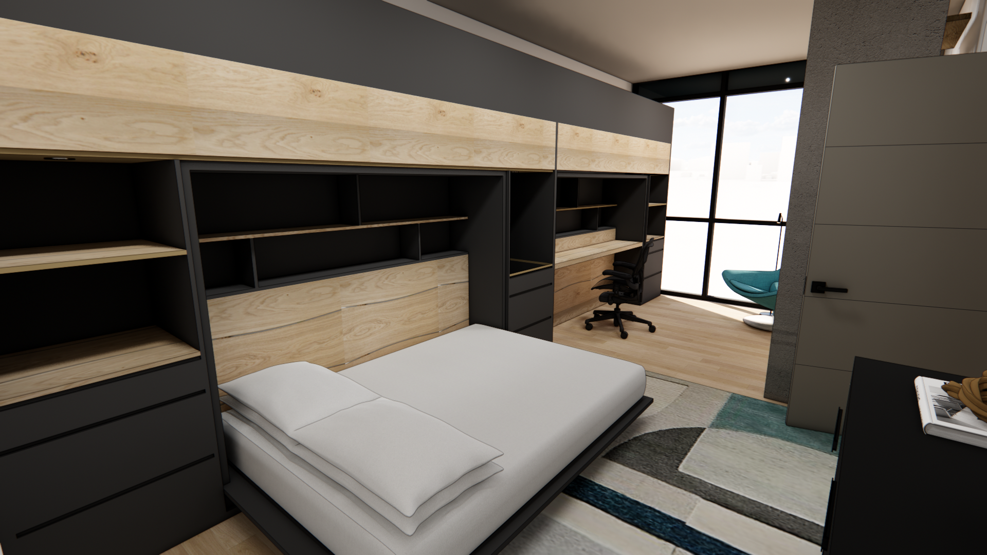 Coeur d’Alene contemporary bedroom with built-in wood and black shelving wall, integrated desk workspace, and a low bed, accented by warm wood tones, clean lines, and large windows for natural light.