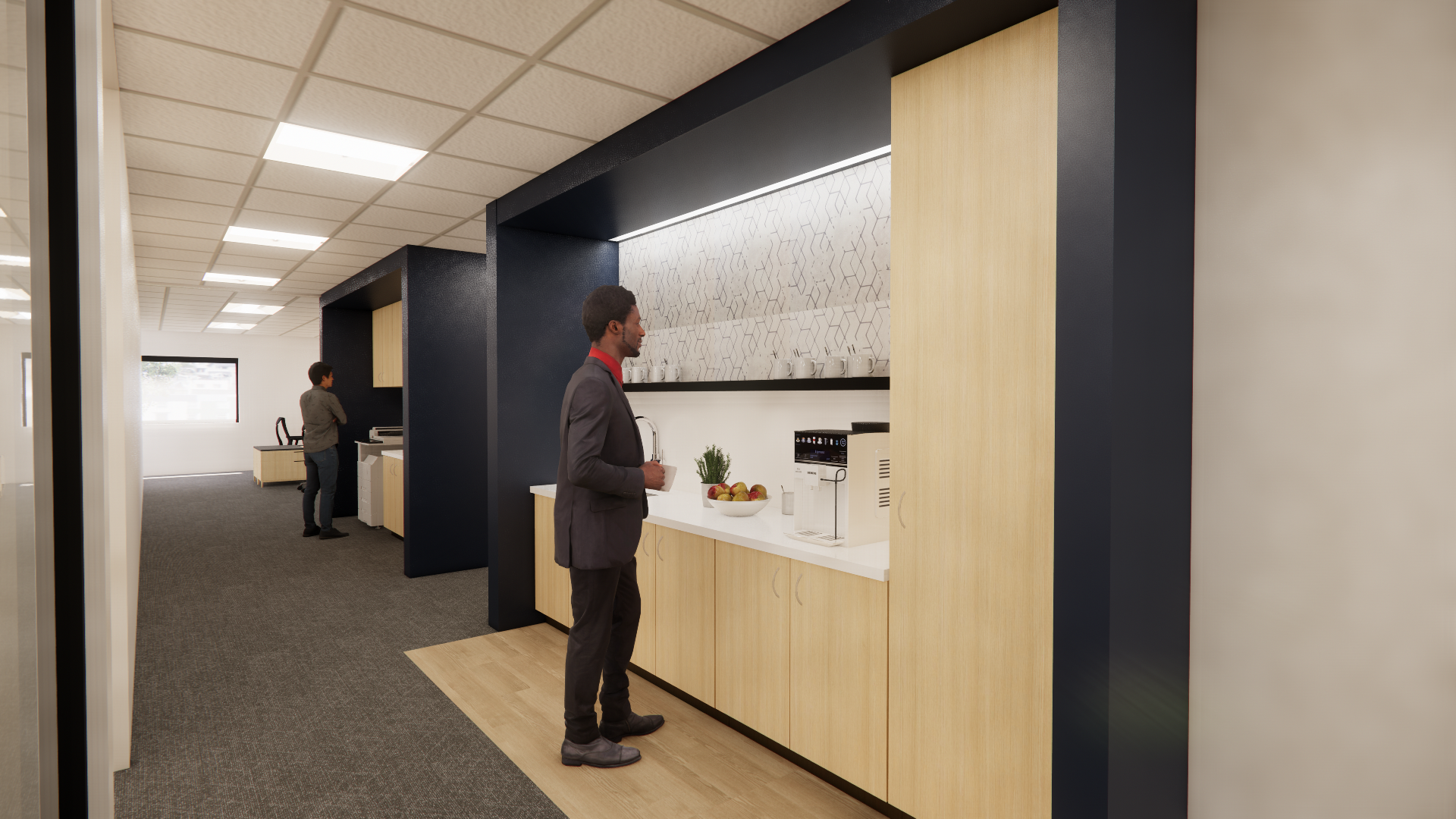 Hallway small kitchen area with light wood cabinets and open shelving