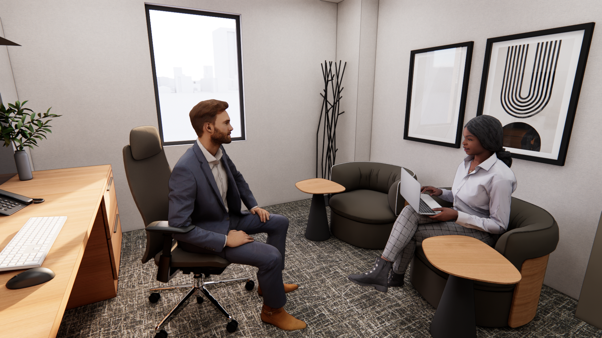 Modern office with wood desk and comfortable chair seating area for meetings