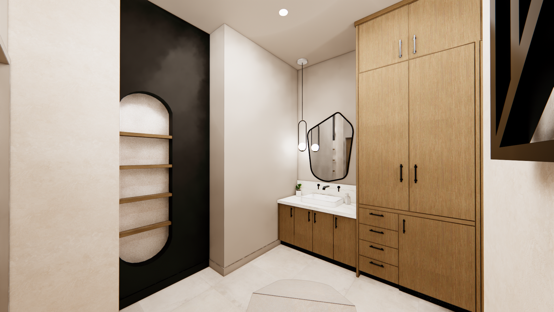 Modern bathroom with wooden cabinets, a white marble counter, black fixtures, a unique black-framed mirror, floating shelves, and a black door with oval window.