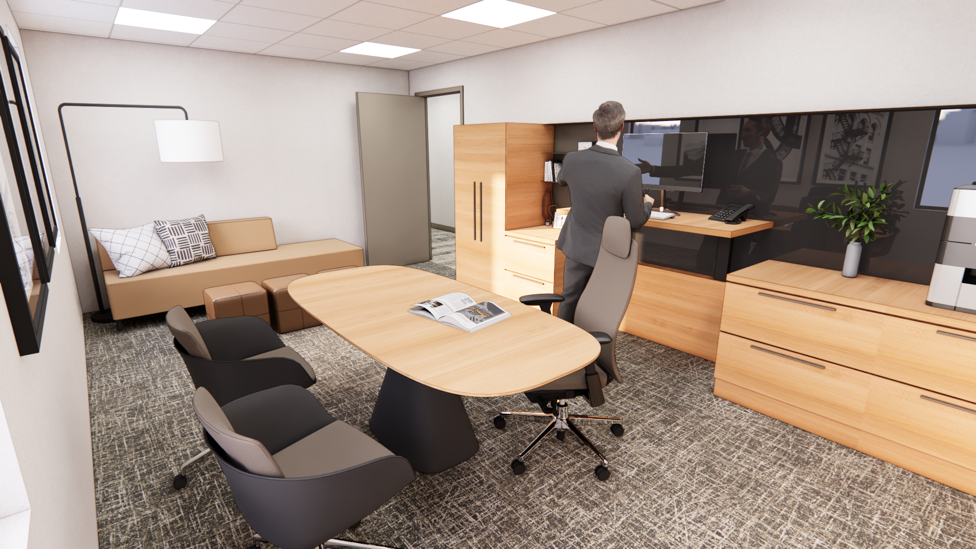 An office with a beige couch, pillows, a wooden coffee table, a round conference table with chairs