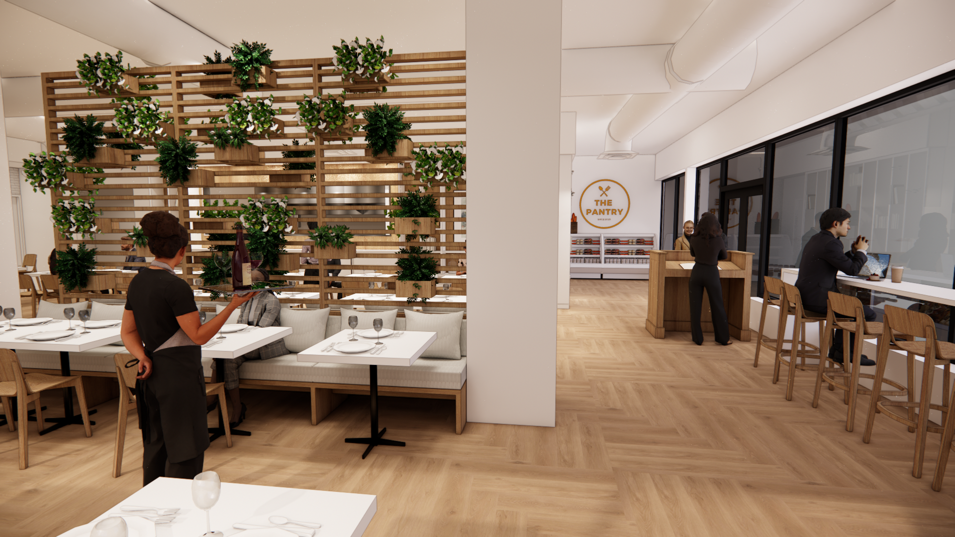 Interior of a modern restaurant with a wooden lattice wall decorated with green plants, tables set for dining, and large windows showing a seating area and a sign that reads 'The Pantry' in orange.