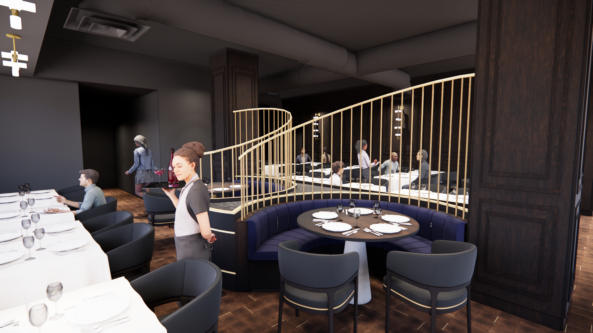 A modern restaurant interior with tables on the left and rounded booth seating on the right
