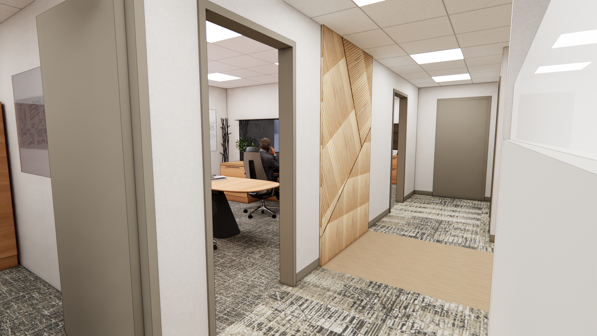 Modern office hallway with wood paneling wall details and patterned carpet