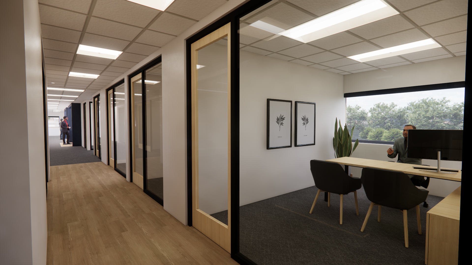 Glass doors to an office featuring a light wood desk, monitor, and two client chairs