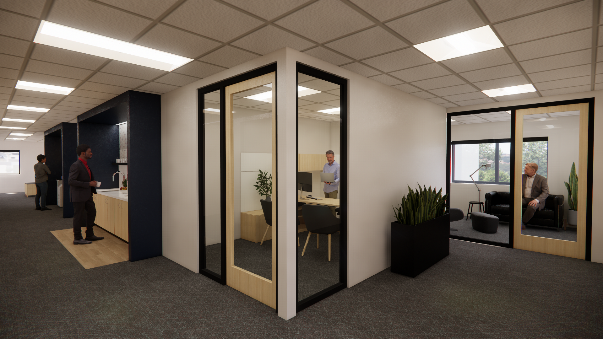Office hallway with glass doors to separate offices