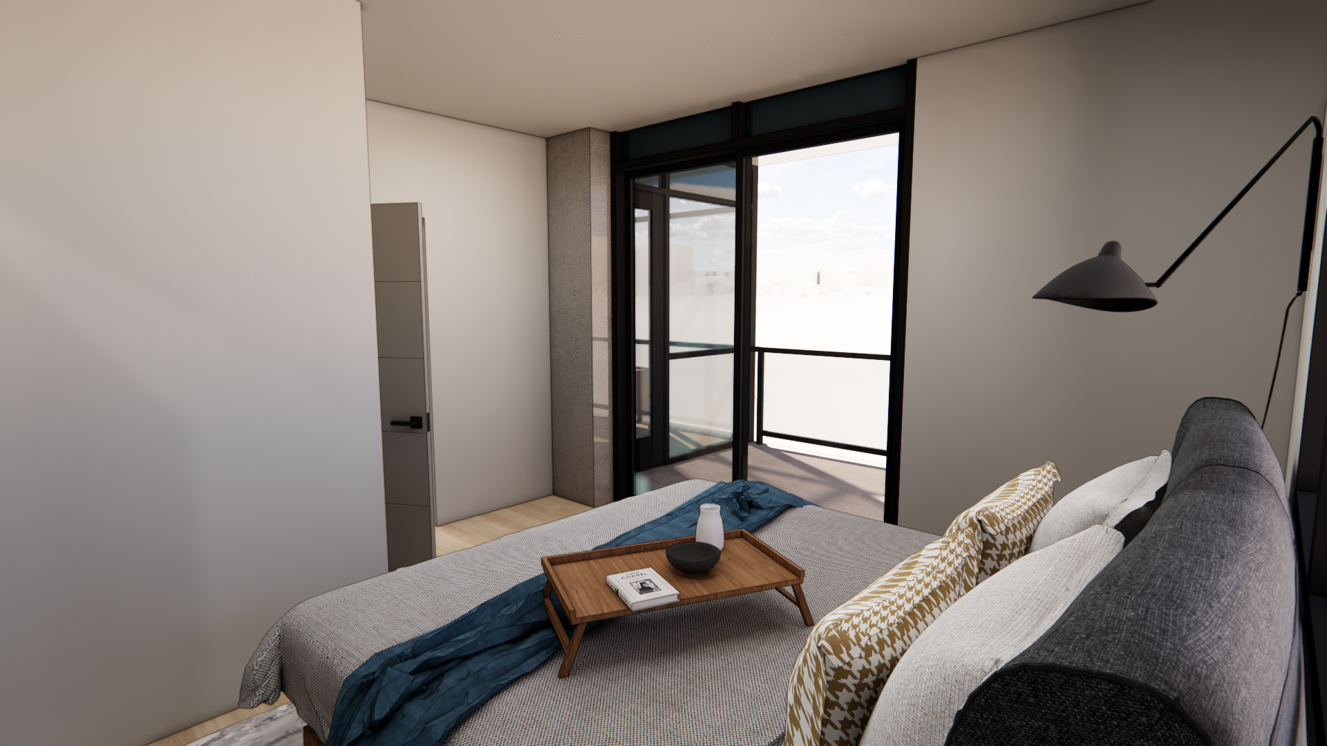 Coeur d’Alene modern minimalist bedroom with neutral tones, featuring a low-profile bed styled with layered textile